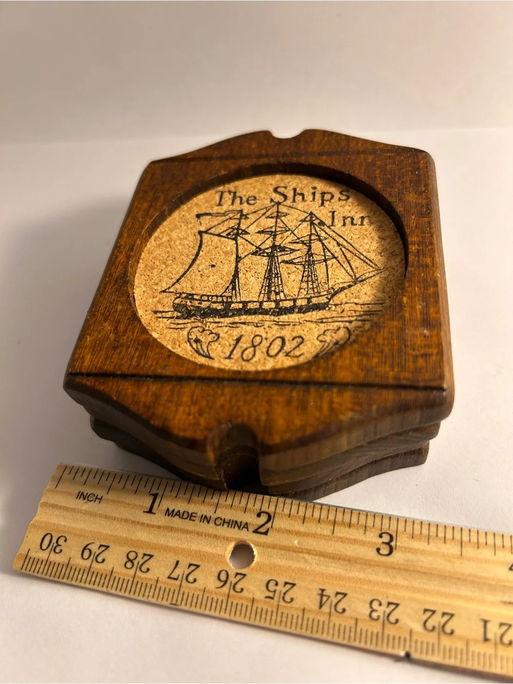 5 vintage coasters Woodcrest by Styson The Ships Inn 1802 Wood Pressed Cork SET
